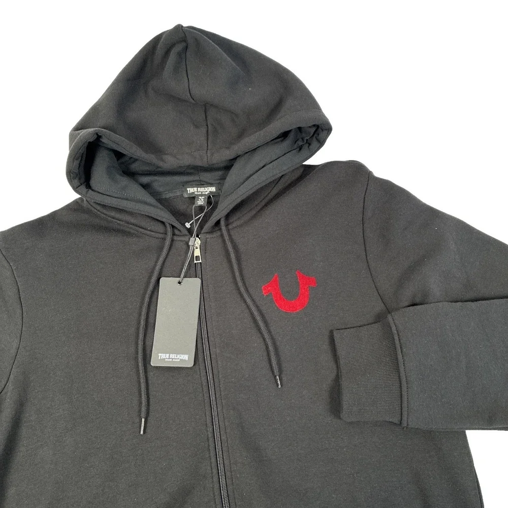New Mens True Religion Solid World Tour Logo Zip Hoodie Size Large NWT Black